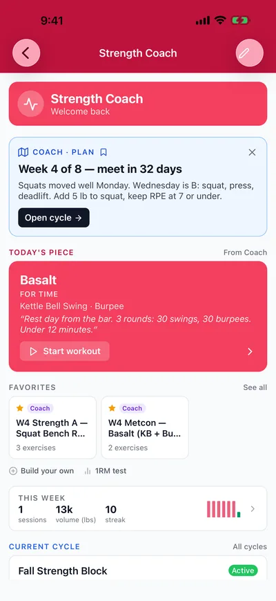 Strength Coach screen: pinned Coach Note, Today's Piece with a Start button, favorites and this week
