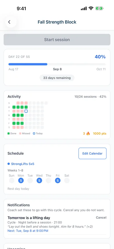 Development Cycle: day 22 of 55, activity grid of done and missed days, weekly schedule