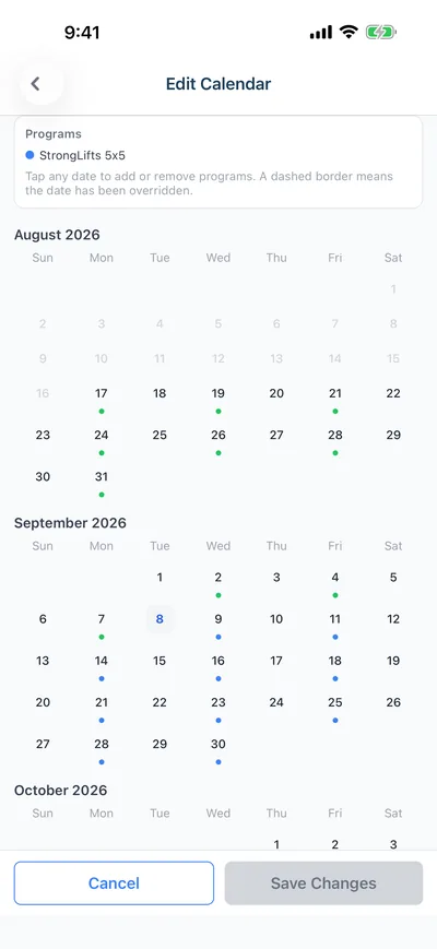 Cycle calendar with scheduled days and date overrides