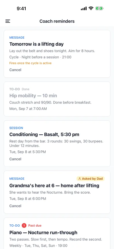 Reminders scheduled by Coach: sessions, to-dos, eve-of-training messages