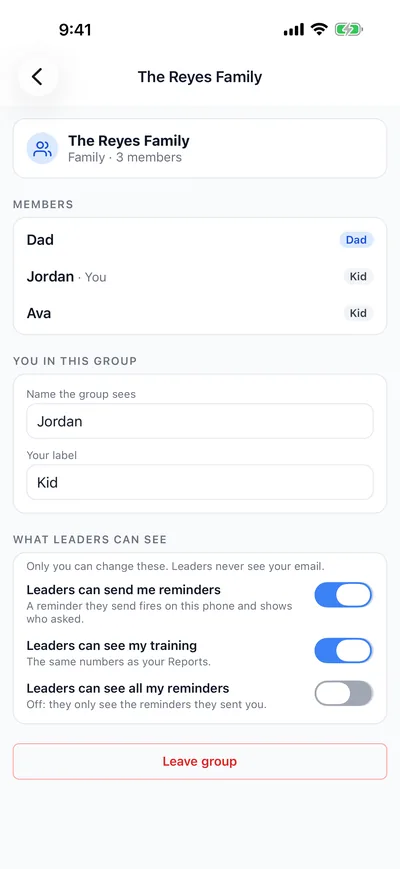 The Reyes Family: members, your label, and the three switches under What leaders can see