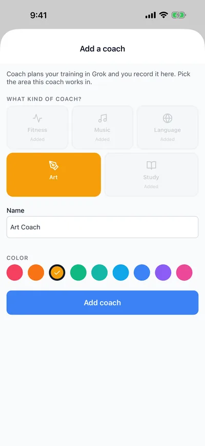 Add a Coach: pick a discipline, a name, and a color