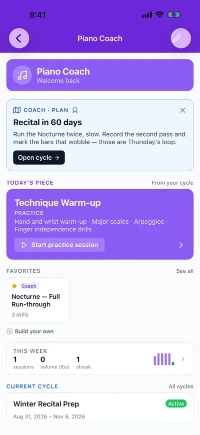 Piano Coach screen in violet: recital in 60 days, Technique Warm-up as Today's Piece