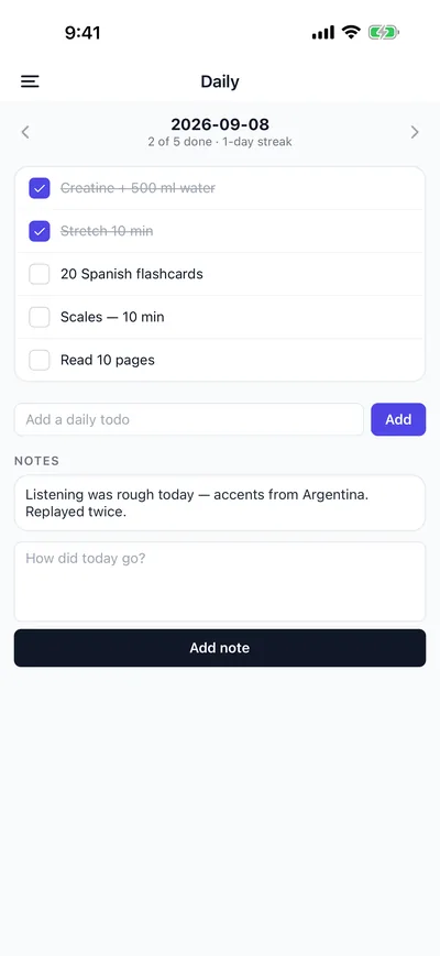 Daily: everyday to-dos to check off and a journal Coach can read