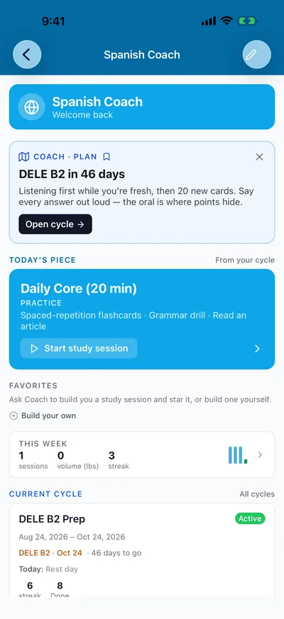 Spanish Coach screen in sky blue: DELE B2 in 46 days