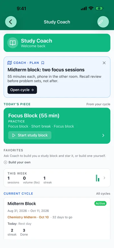 Study Coach screen in emerald: midterm block, two focus sessions