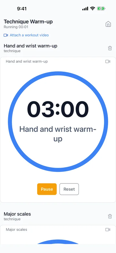 Practice session runner: drills with timers, no load entry