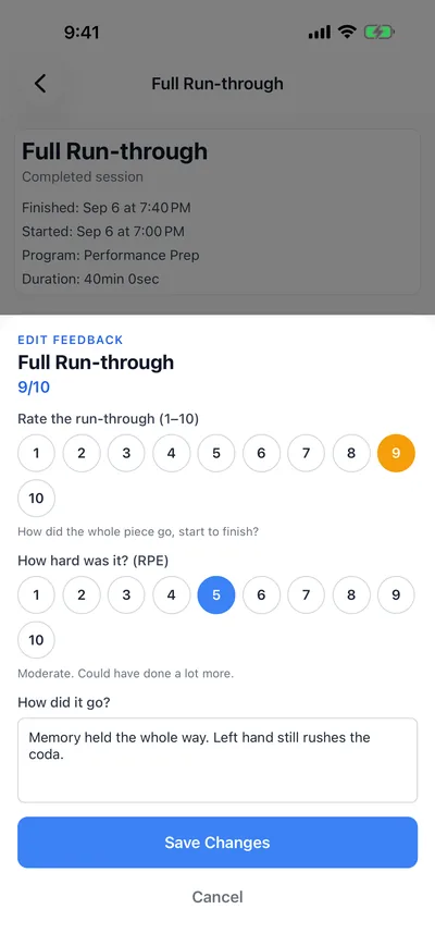 Session feedback: rate the run-through 1 to 10, RPE, and a note for Coach